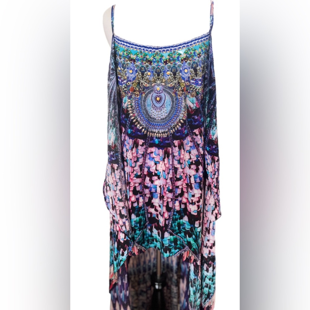 Camilla Maxi Dress Mini w/ Long Over Layer Tie Front Hi-Lo Sparkled Mixed Print - Picture 9 of 13